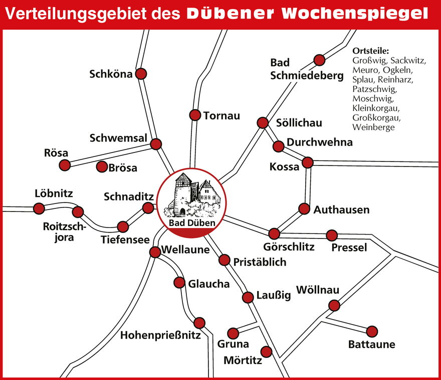 Verteilgebiet des Dübener Wochenspiegel als Karte